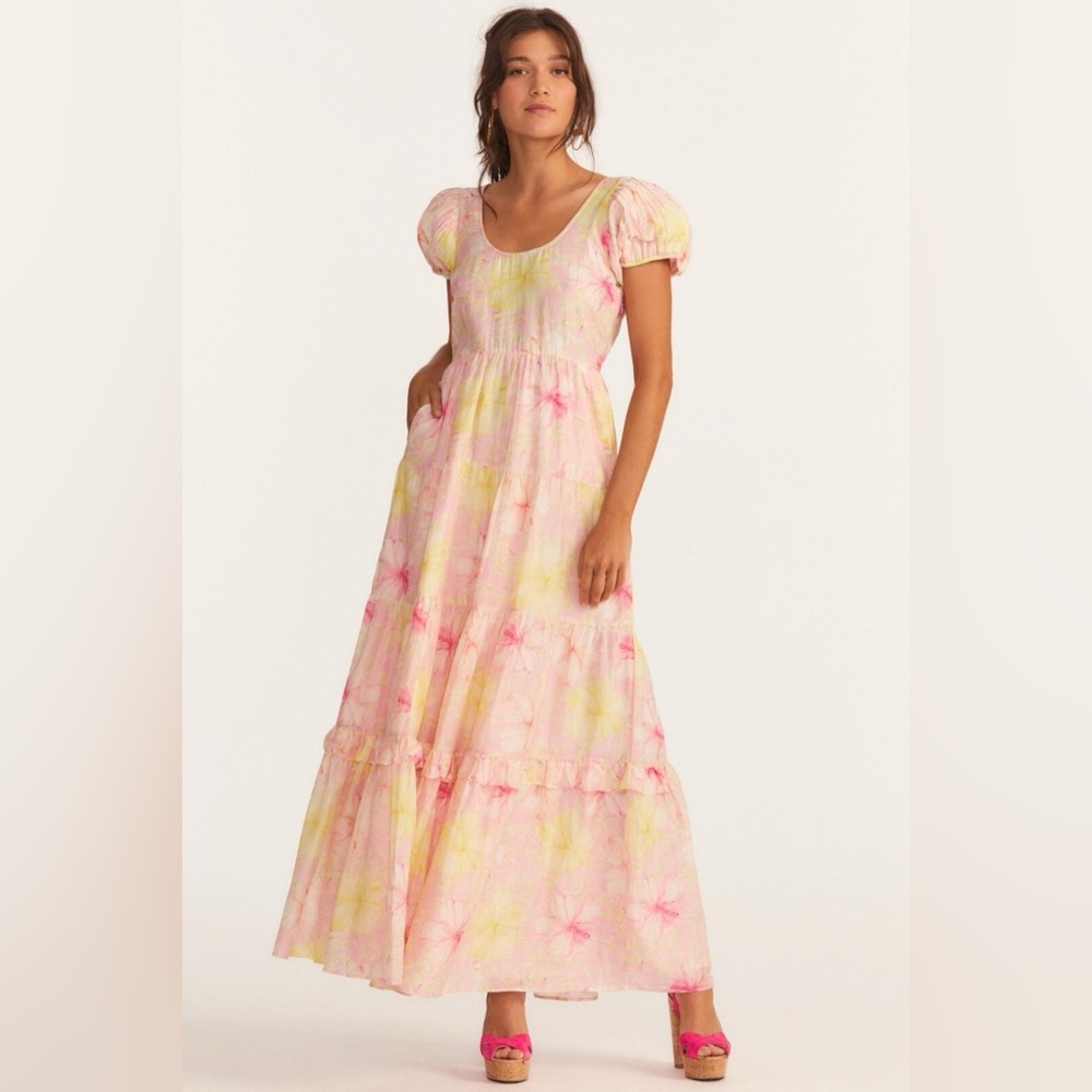 LoveShackFancy Karalie Maxi Summer Dress Pink Floral Tiered‎ Cotton Silk Blend 0